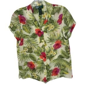 Ralph Lauren Y2K Vintage Floral Button-Down Shirt - Green, Red, Cream. Size MP.
